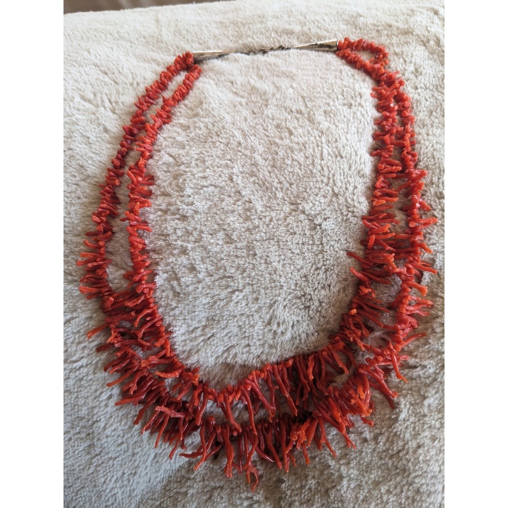 Vintage Sterling Silver Red Coral Branch Necklace 2 Strand Southwest Statement